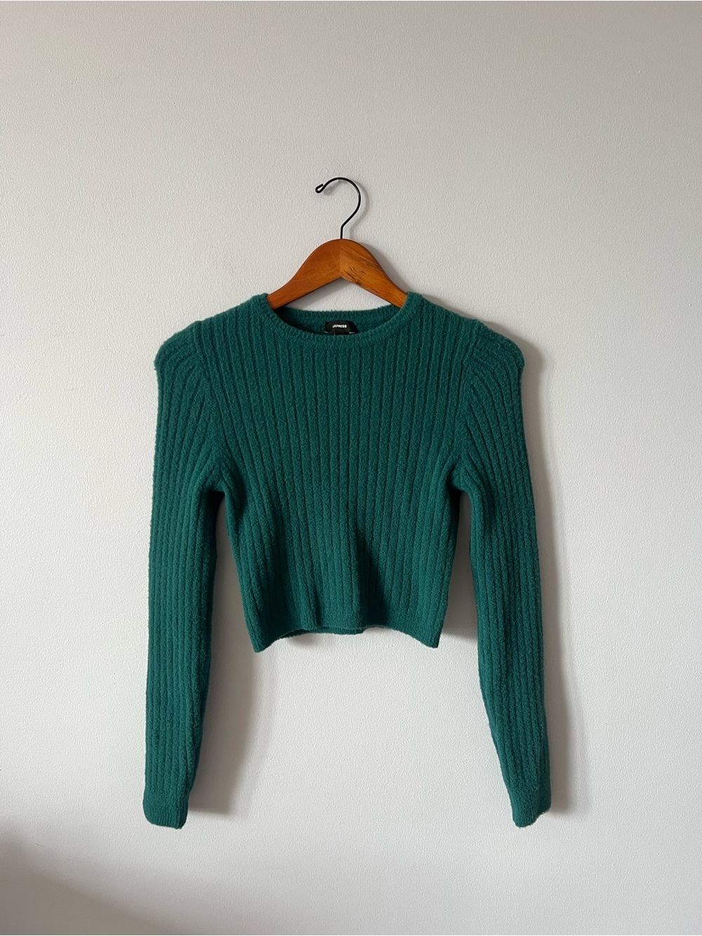 Express Teal Ribbed Crewneck Cropped Sweater